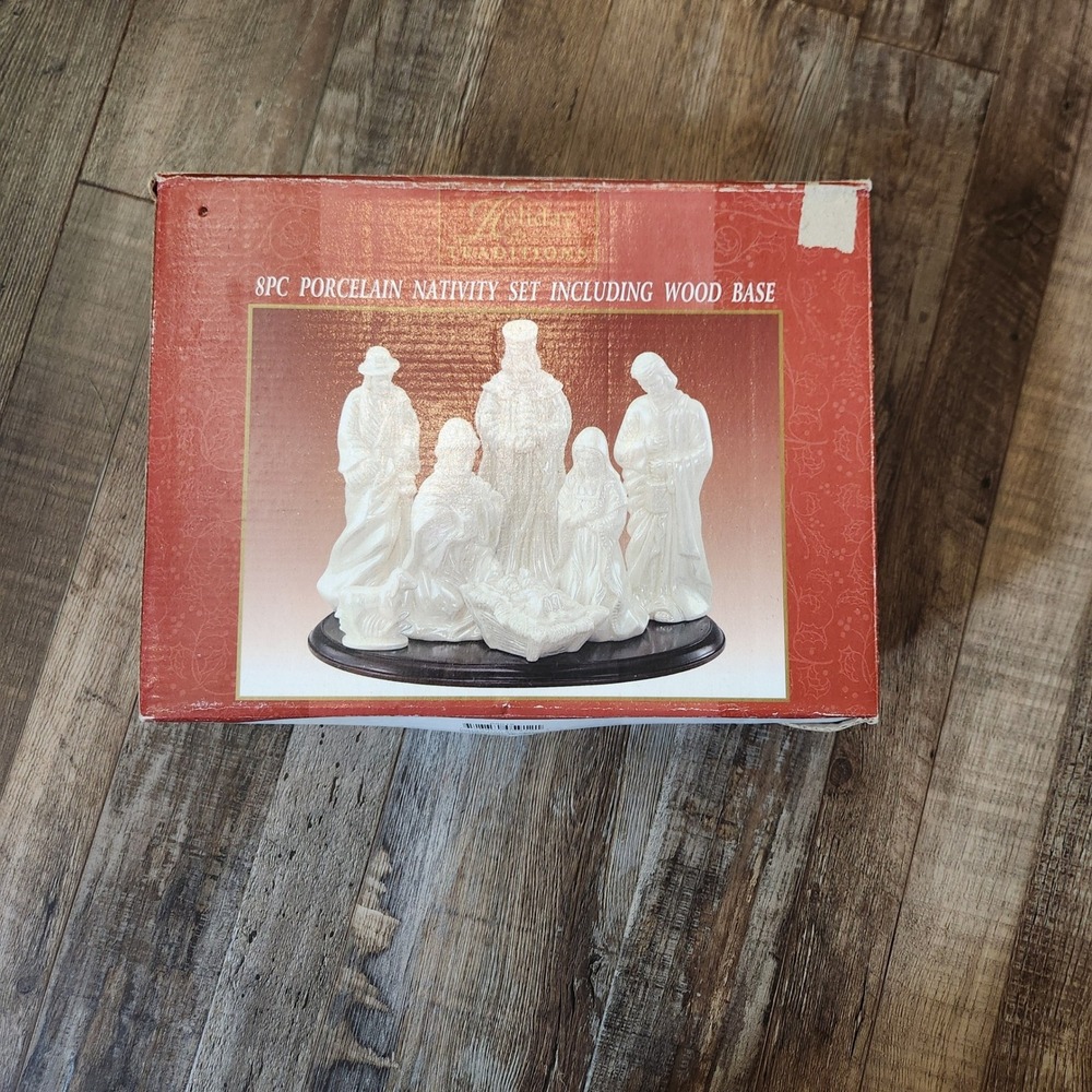 Holiday Traditions 8pc Porcelain Nativity Set‎ Iridescent Pearl Finish Wood Base